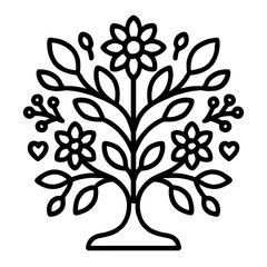 Floral Tree Line Art with Heart Accents, Bold line