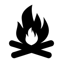Bold black campfire icon with crossed logs and blazing flames on white