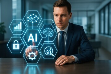 AI Innovation: A focused businessman interacts with a holographic AI interface, exploring data analytics, security, and neural networks.