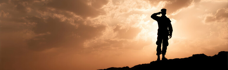 Silhouette of a Person Saluting at Sunset with Cloudy Sky