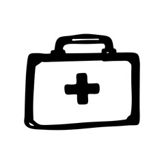 Simple black and white drawing of a first aid kit briefcase