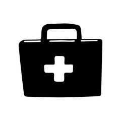 Black and White First Aid Kit Illustration with a Bold Outline Style