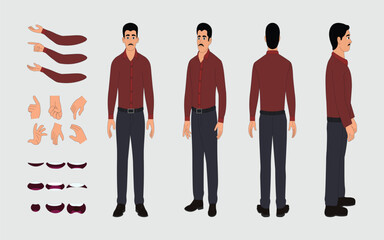 Fototapeta premium Professional Male Character in Shirt and Trousers Turnaround Sheet for 2D Vector Animation, Front, Back And Side Views, Realistic 2D Character 