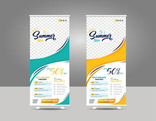 Travel business standee rollup design summer vacation modern business trip signage pullup tour packages retractable x banner template