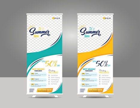 Travel business standee rollup design summer vacation modern business trip signage pullup tour packages retractable x banner template