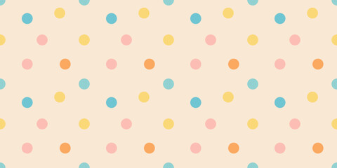 Pattern with pastel polka dots on beige background, seamless cute colorful dot texture in retro cartoon style © Нина Романенко