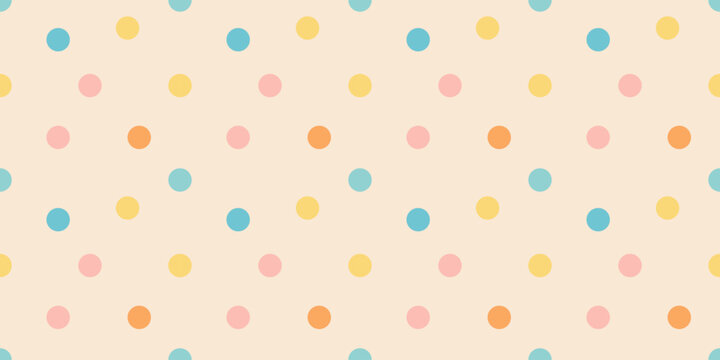 Pattern with pastel polka dots on beige background, seamless cute colorful dot texture in retro cartoon style