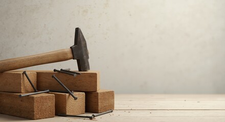 Hammer resting on wooden blocks with scattered nails on table