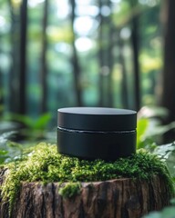 Black jar of natural skincare cream in forest setting
