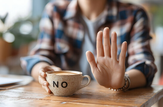 Woman Refusing Coffee with Hand Gesture and Saying No