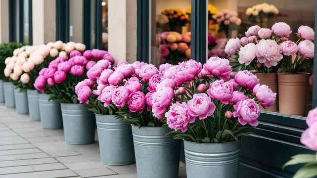 Pink peonies in metal pots arranged outside a shop. The flowers are vibrant and fresh, creating a colorful display. Ideal for spring or floral themes.