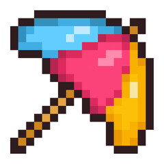 Pixel illustration of a beach umbrella in retro 8-bit style with bright panels and a wooden pole. Perfect for summer, vacation, beach, and game-themed projects or nostalgic pixel collections.