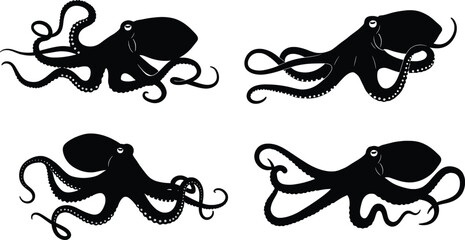 Elegant Octopus Silhouettes Vector Illustration Set