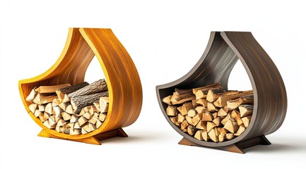 Two wooden log holders, teardrop shaped, in yellow and dark gray, holding firewood