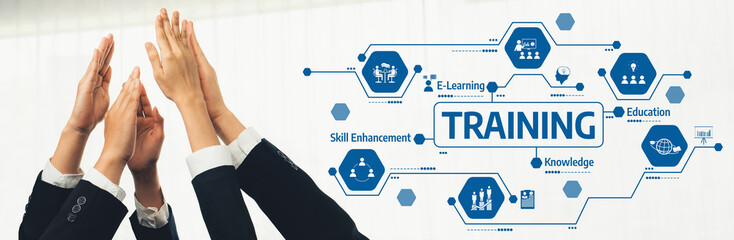 Celebrate the spirit of collaboration and knowledge with hands raised high in a successful training...