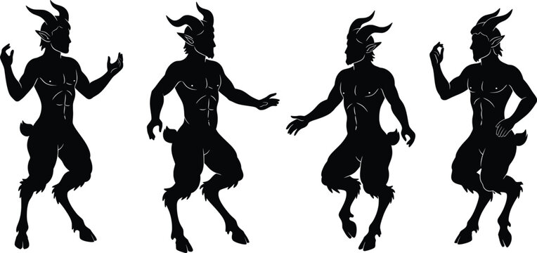 Vector Silhouette Illustration Four Dynamic Satyr Poses