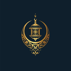 Traditional Ramadan logo with golden Arabic calligraphy, detailed crescent, glowing lantern, and Islamic patterns. Luxurious design with ornamental flourishes, ideal for branding and digital use.