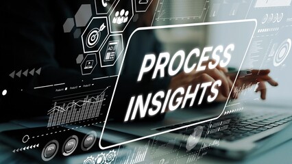 Modern Data Analytics Displaying Process Insights Over Laptop for Business Strategy Development and Decision Making. Asymptotic smart data analytic.