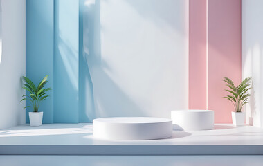 Fototapeta premium 3D render of floating pastel blue and pink geometric podiums with clean white product space 