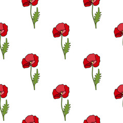 Seamless pattern of hand drawn poppy flowers on isolated background. Design for springtime, mother’s day, scrap booking, nursery decor, home decor, paper crafts, invitation design. 