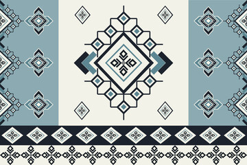 Ethnic tribal textile design with bold diamond center motifs and layered geometric elements in blue and ivory. Ideal for fabric, craft paper, and apparel.
