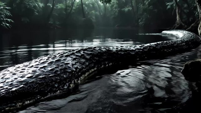 A massive anaconda emerging from the dark waters of a tropical river, its thick coils breaking the surface and creating ripples as it hunts for prey in the dense forest