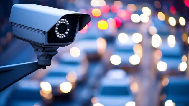 Urban surveillance: hightech security camera overlooking bustling city traffic at night