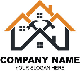 Bold Construction Logo template with Crossed Hammers and Roof Symbol