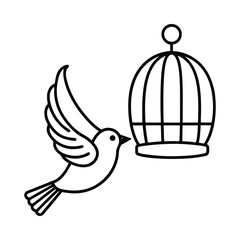 Bird flying from cage silhouette on white background