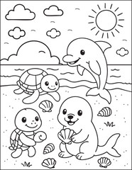 A cozy coloring page featuring adorable sea animals that kids will love!