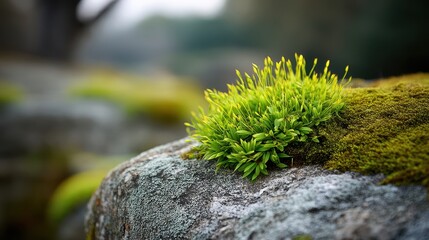 Macro Closeup of Moss Growing on Stone