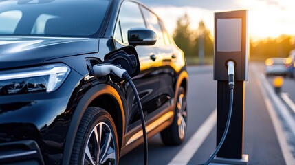 Electric Vehicle Charging on Scenic Roadside with Lush Green Surroundings