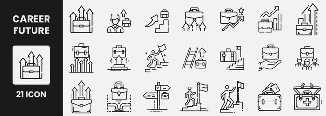 Set of line icons related to career advancement, business success, career future, professional growth, personal development, job opportunities, career path,  vector illustration.