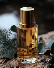 Fototapeta premium Luxurious golden perfume bottle on wooden surface