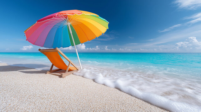 Farbenfroher Regenschirm am wei&szlig;en Sandstrand mit t&uuml;rkisblauem Wasser und Palmen