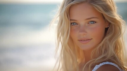 Blonde woman beach portrait with summer. - Powered by Adobe
