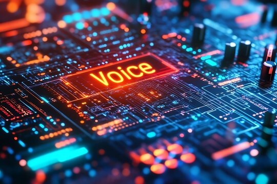 Futuristic AI technology with the word 'Voice' illuminated on a glowing circuit board