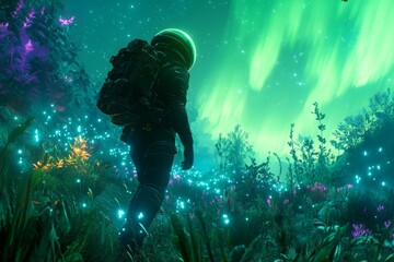 Astronaut exploring alien forest with glowing flora and northern lights