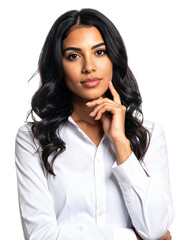 Elegant Hispanic Woman Thinking Hand on Chin Portrait