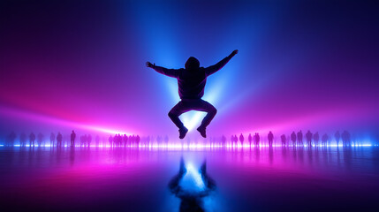 Silhouette einer springenden Person vor spektakulären blauen und violetten Lichteffekten