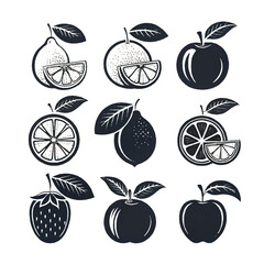 Lemon art vectors and Set of black fresh fruit with leaves icon silhouette collections