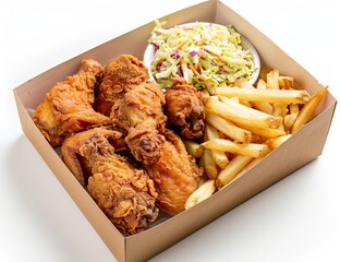 A cardboard box containing fried chicken wings, coleslaw, and fries on a white background.