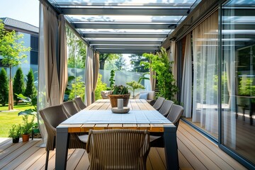 Modern garden terrace with a large table and chairs, covered by a transparent roof, wooden floor.
