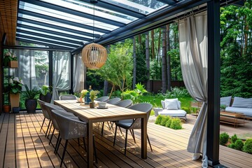 Beautiful wooden terrace with a modern glass roof, an outdoor dining table.