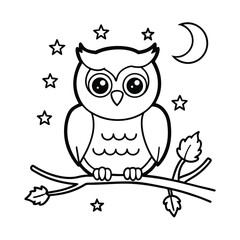 cute cartoon owl on branch at night coloring book page 