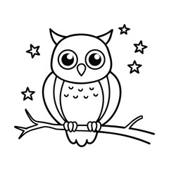 cute cartoon owl on branch at night coloring book page 