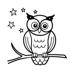 cute cartoon owl on branch at night coloring book page 