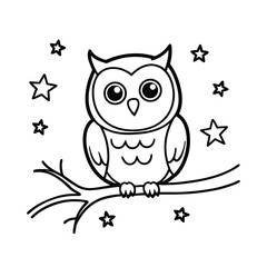 cute cartoon owl on branch at night coloring book page 