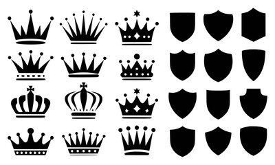 Collection of black crowns and shield silhouettes vector design elements