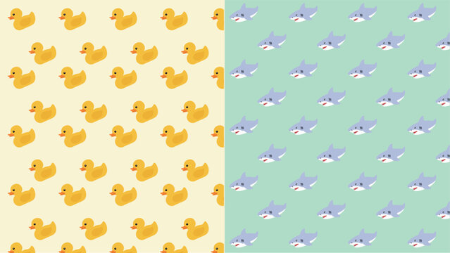 Patr&oacute;n de patitos de hule y tibur&oacute;n, vector, color
